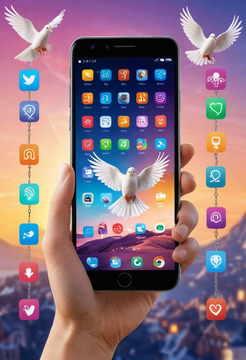 A hand holding a smartphone with a glowing lock being unlocked, surrounded by vibrant icons representing apps, freedom symbols like doves and open chains, and a backdrop of a sunlit landscape. The scene conveys a sense of liberation and excitement, with a dynamic, lively composition. super-realistic. vibrant colors. 3D.