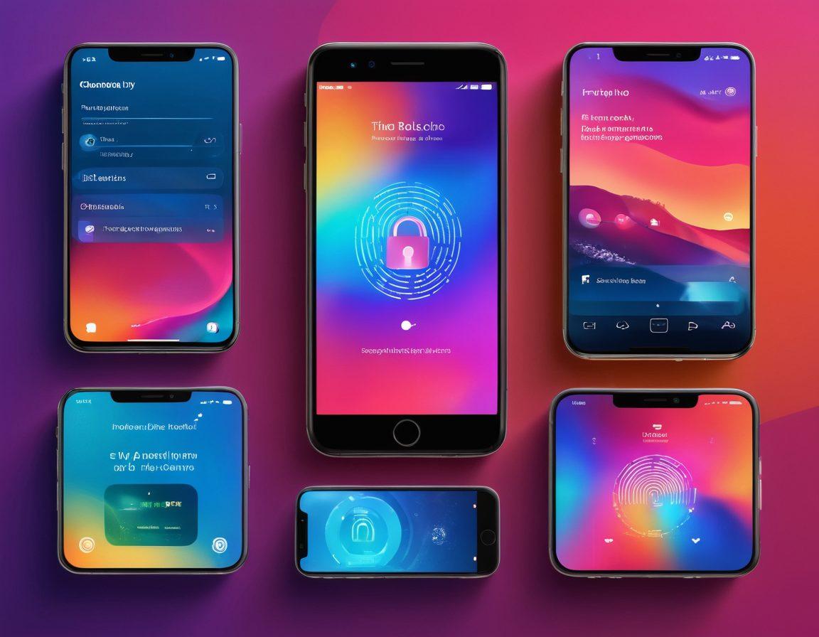 A visually engaging collage of various mobile devices, showcasing multiple unlocking methods such as fingerprint scans, PIN codes, and facial recognition. The background features a digital lock being opened with light beams symbolizing security and freedom. Include vibrant colors to highlight the technology's advancement and accessibility. Create a modern and tech-savvy atmosphere. super-realistic. vibrant colors. technology theme.