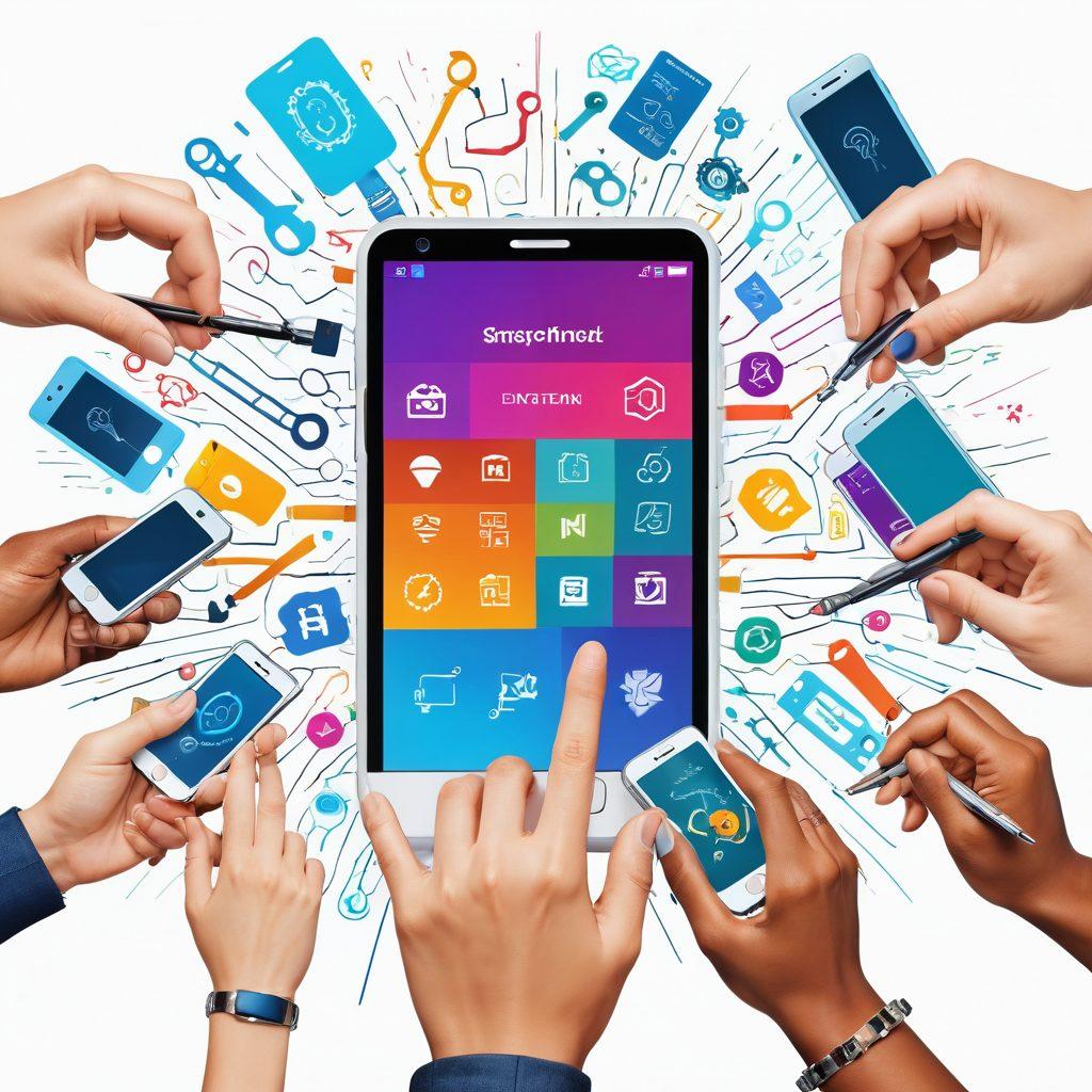 A dynamic and colorful illustration of hands successfully unlocking a smartphone, featuring various tools and gadgetry around, each labeled with step-by-step pointers. The phone screen should display an 'Unlocked' message surrounded by vibrant lines symbolizing connectivity and freedom. In the background, a diverse array of mobile devices can be seen, illustrating different unlocking methods and techniques. The overall feel should convey empowerment and tech-savvy liberation. digital art. vibrant colors. white background.